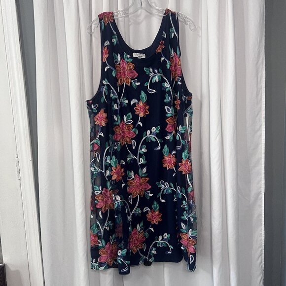 Robbie Bee Navy and Coral Floral Sleeveless Dress - Picture 1 of 5